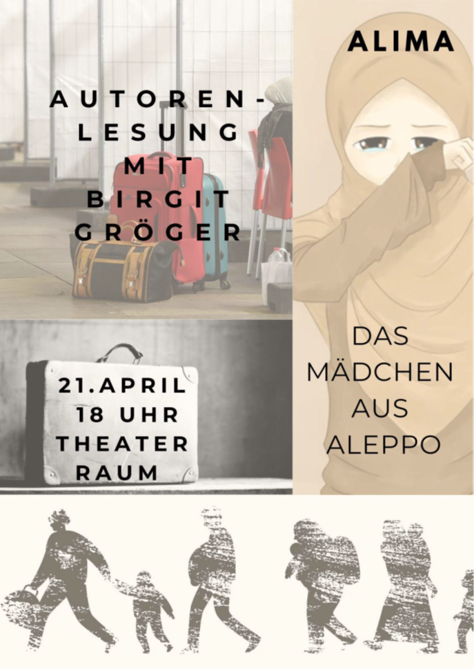 Einladung für den literarischen Abend am 21.04.2026. Die Autorin Birgit Gröger wird aus ihrem Buch "Das Mädchen aus Aleppo" vorlesen "
