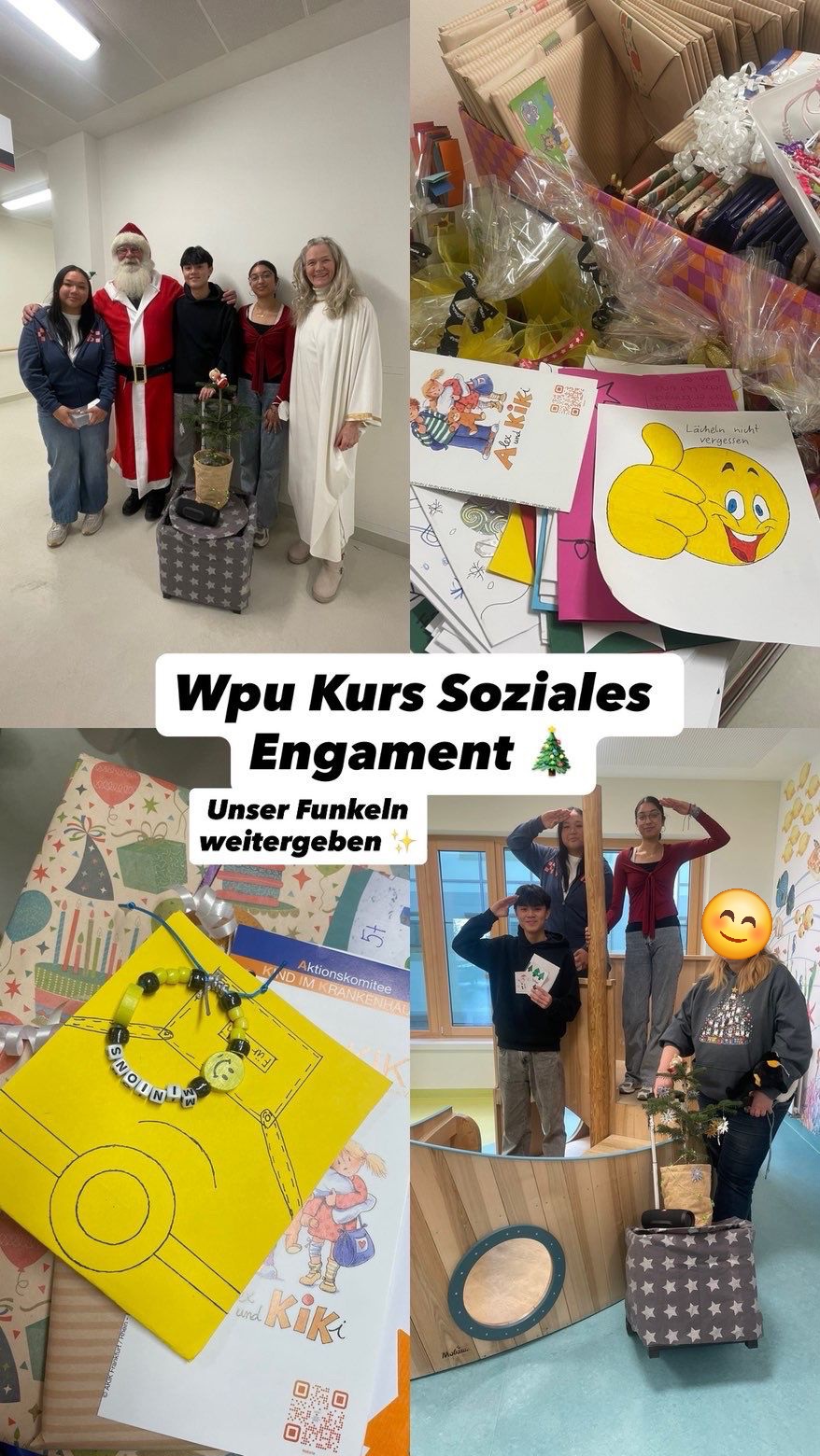 Schülerinnen und Schüler übergeben Weihnachtskarten und Freundschaftsbänder an kranke Kinder im Krankenhaus. 